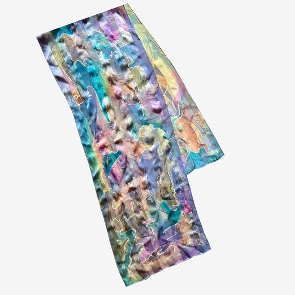 Silk scarf mulitcolor blue pinks abstract rectangular - Picture 1 of 6